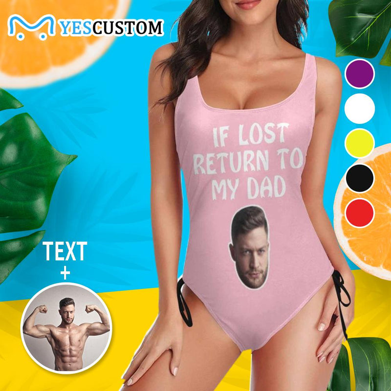 Custom Face&Text My Dad Swimsuits Personalized Women's New Drawstring Side One Piece Bathing Suit&Men's Beach Shorts Honeymoons Party